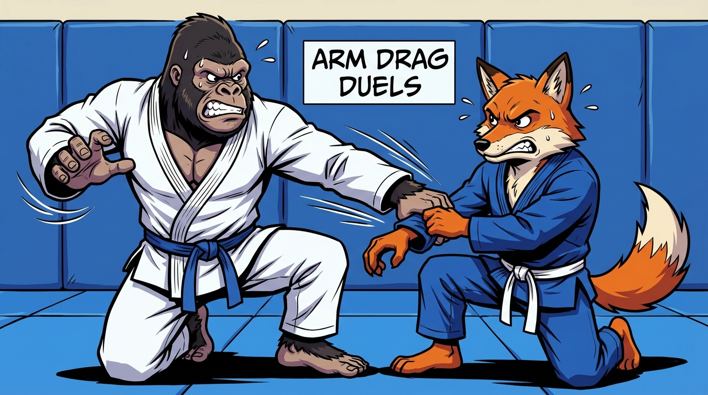 Arm Drag Duels BJJ training game showing cartoon athletes practicing arm drags techniques on training mats