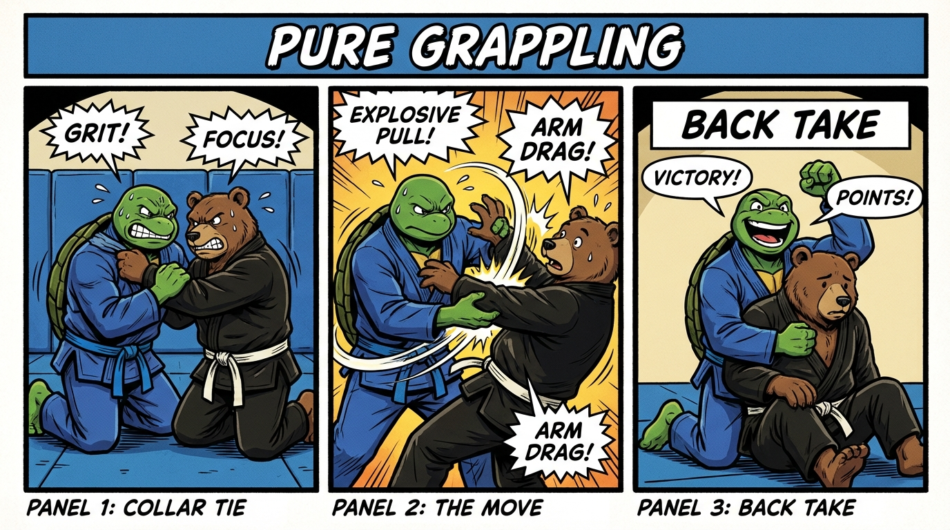BJJ takedowns training drill showing cartoon athletes demonstrating Arm Drag Duels techniques in modern gym