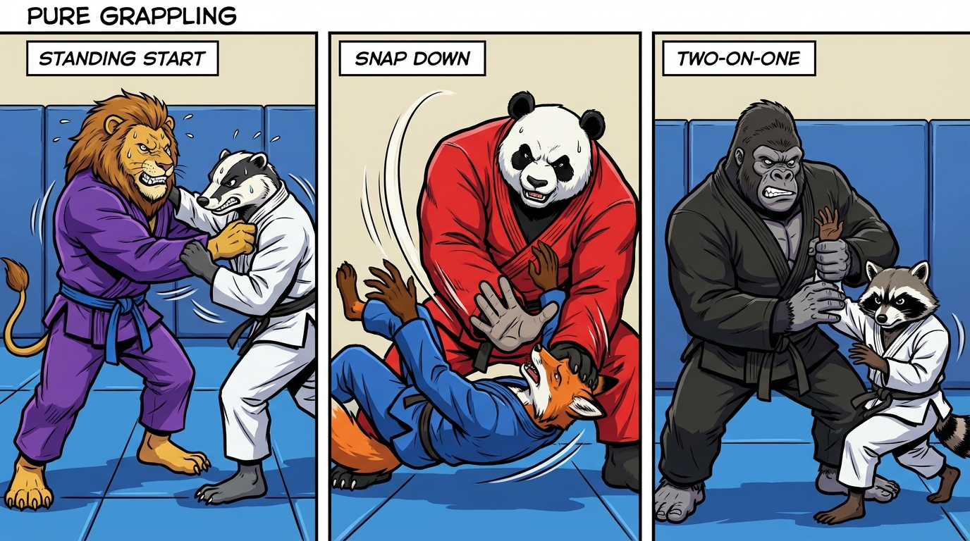 Arm Drag Duels variations showing cartoon BJJ athletes demonstrating different approaches and skill levels