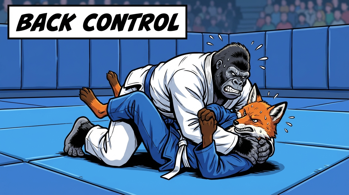 Back Attack Battle BJJ training game showing cartoon athletes practicing back control techniques on training mats