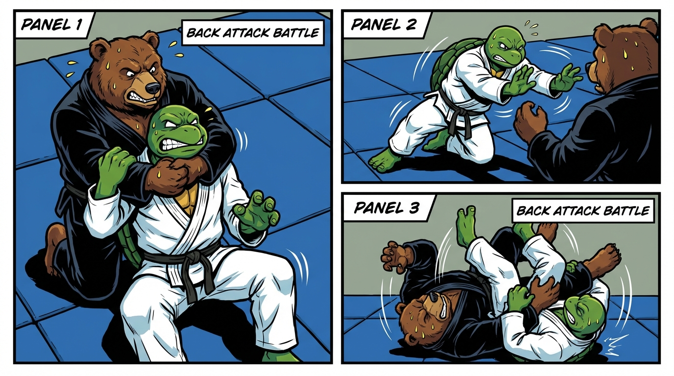 BJJ back control training drill showing cartoon athletes demonstrating Back Attack Battle techniques in modern gym