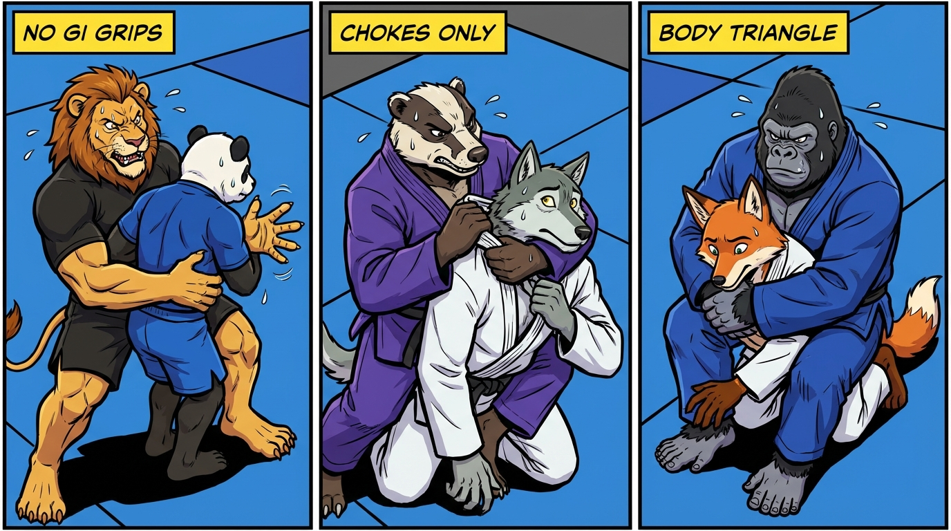 Back Attack Battle variations showing cartoon BJJ athletes demonstrating different approaches and skill levels