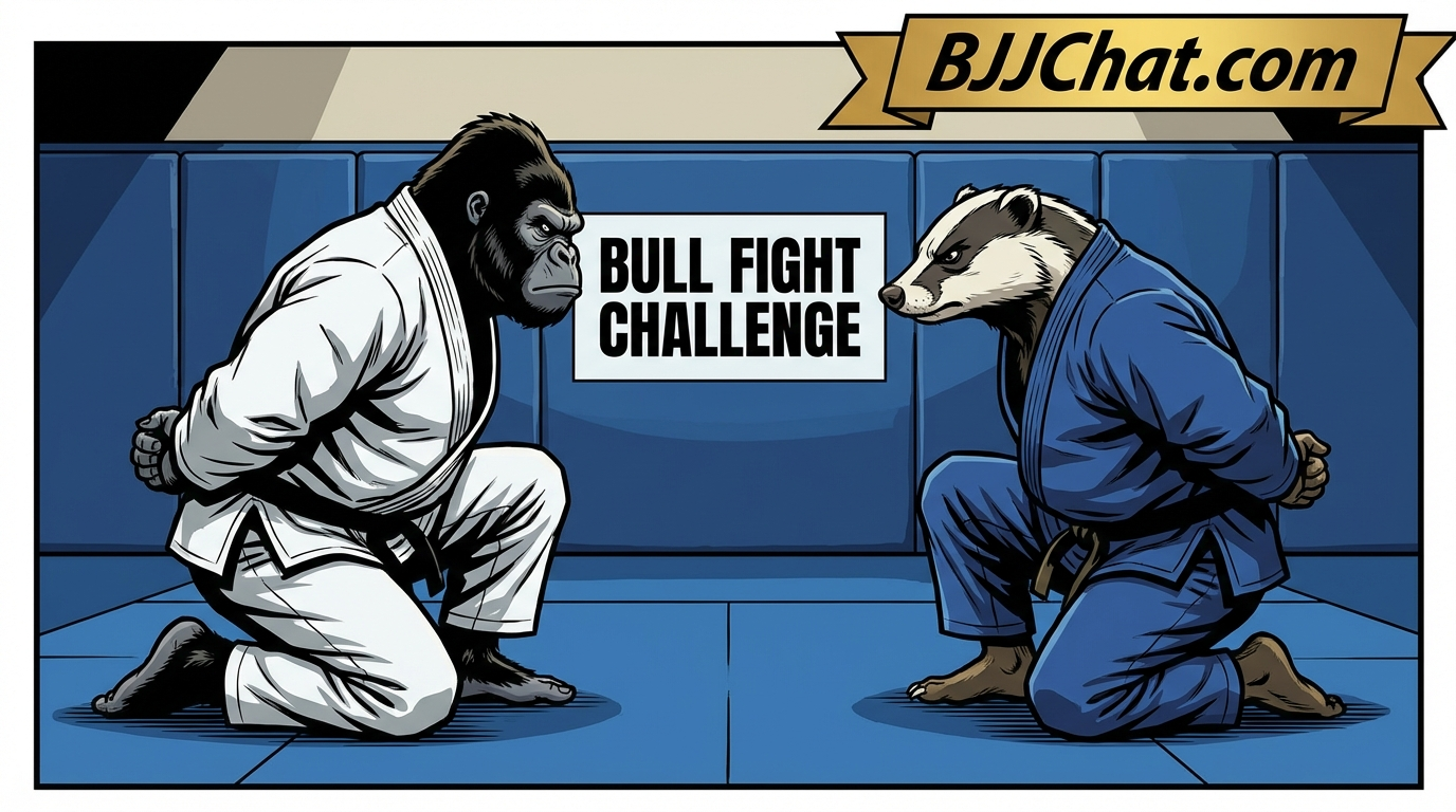 Bull Fight BJJ training game showing cartoon athletes practicing balance techniques on training mats