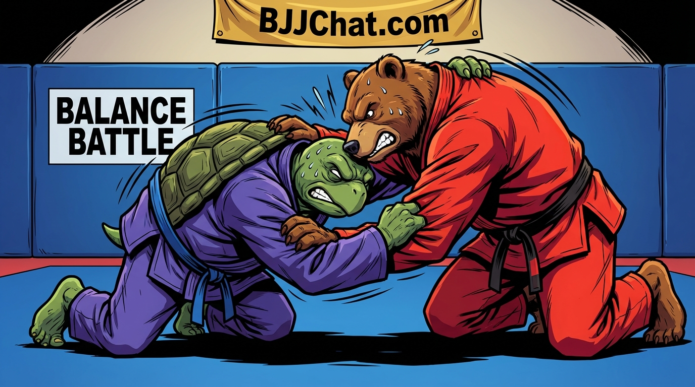 BJJ takedowns training drill showing cartoon athletes demonstrating Bull Fight techniques in modern gym