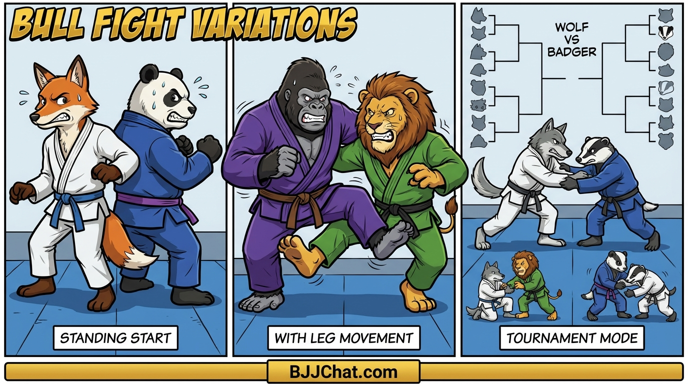 Bull Fight variations showing cartoon BJJ athletes demonstrating different approaches and skill levels