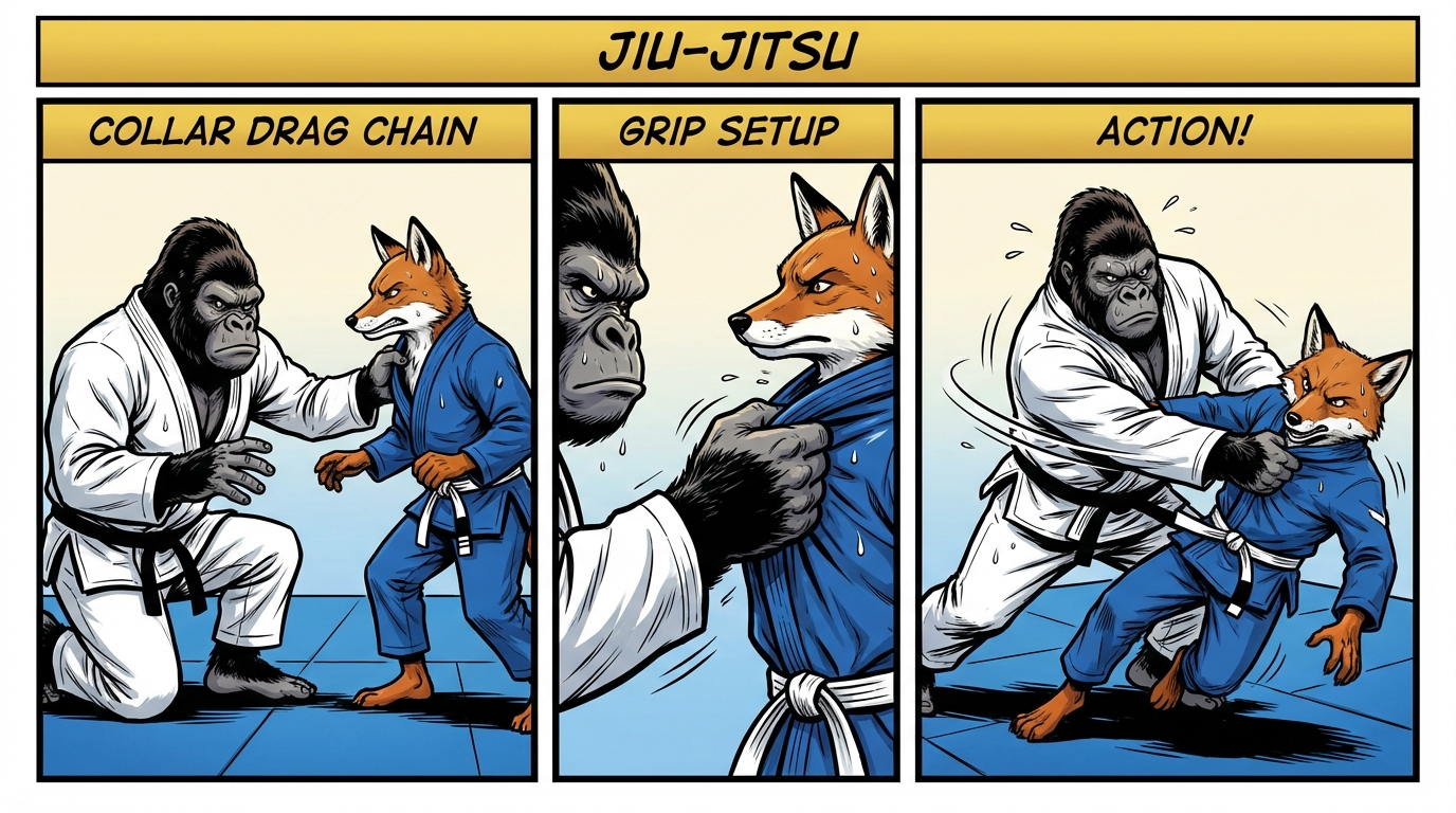Collar Drag Chain BJJ training game showing cartoon athletes practicing collar drags techniques on training mats