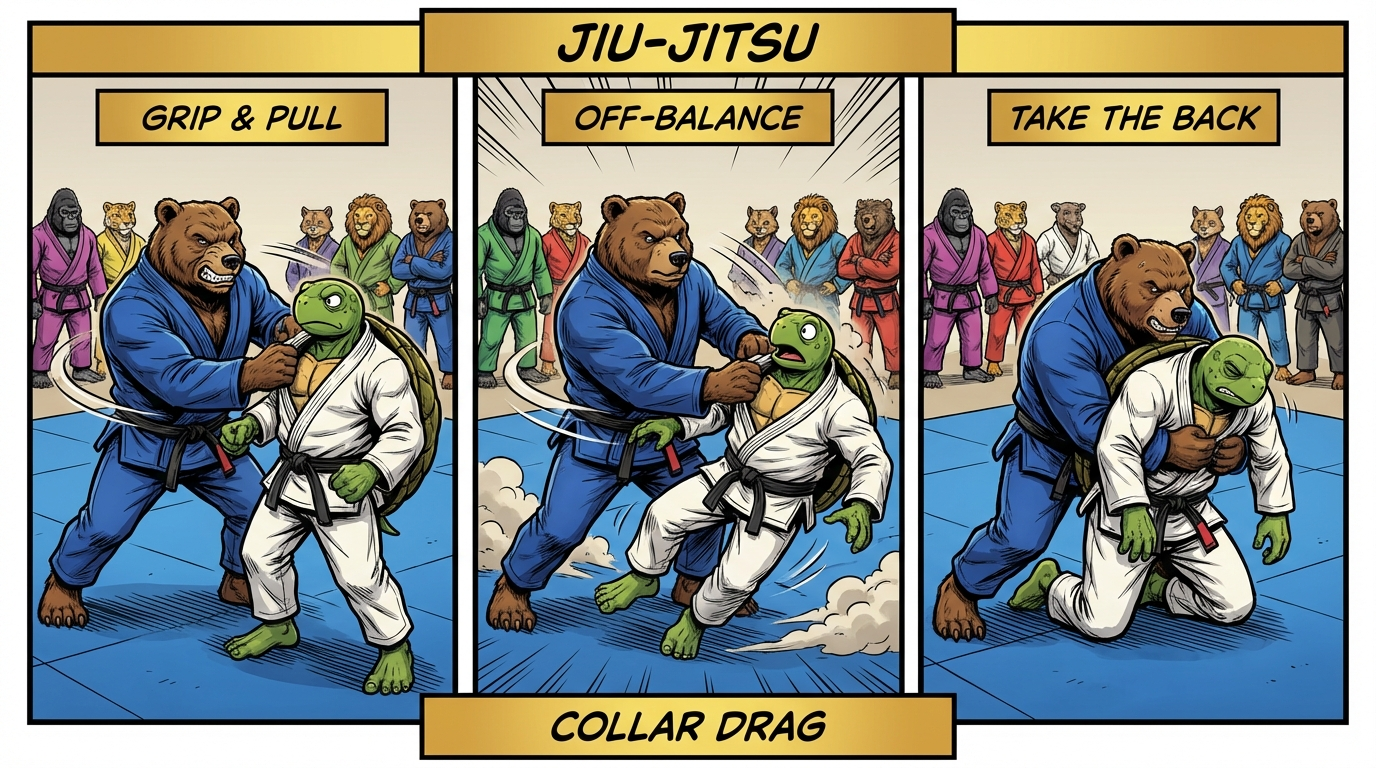 BJJ takedowns training drill showing cartoon athletes demonstrating Collar Drag Chain techniques in modern gym