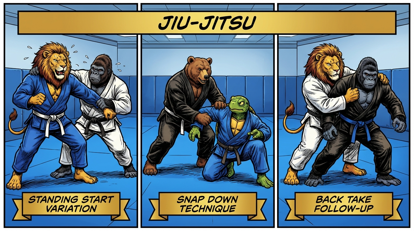 Collar Drag Chain variations showing cartoon BJJ athletes demonstrating different approaches and skill levels