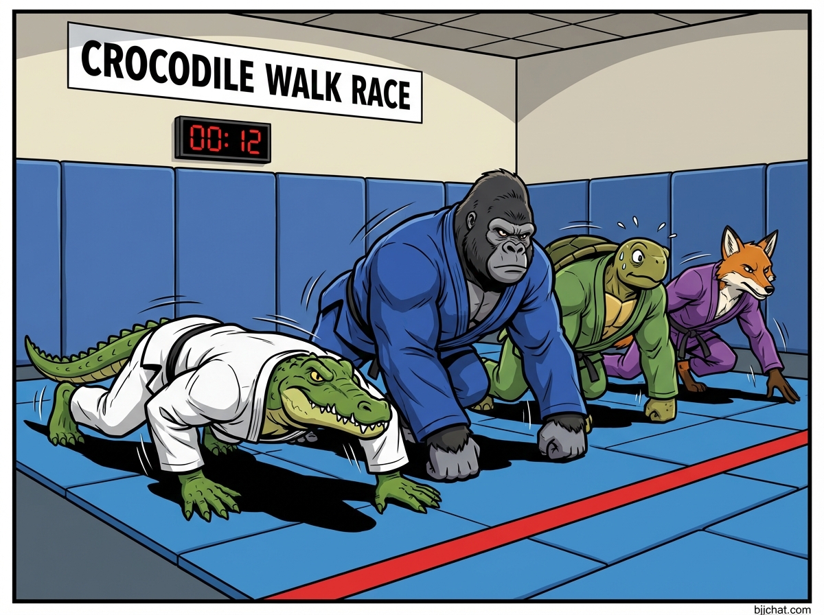 Crocodile Walk Race BJJ training game showing cartoon athletes practicing mobility techniques on training mats