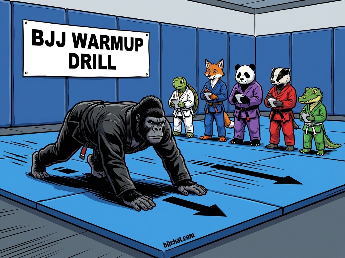 BJJ warmup training drill showing cartoon athletes demonstrating Crocodile Walk Race techniques in modern gym