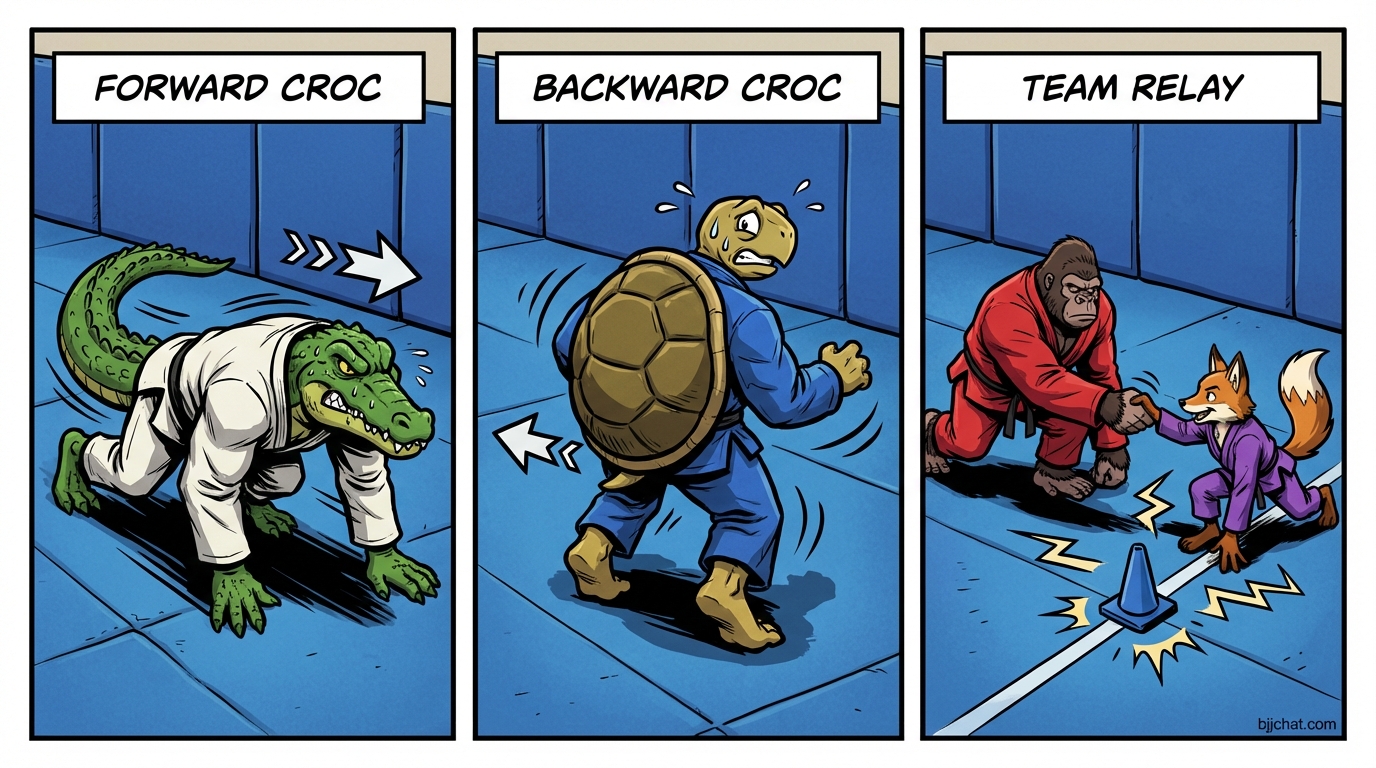 Crocodile Walk Race variations showing cartoon BJJ athletes demonstrating different approaches and skill levels