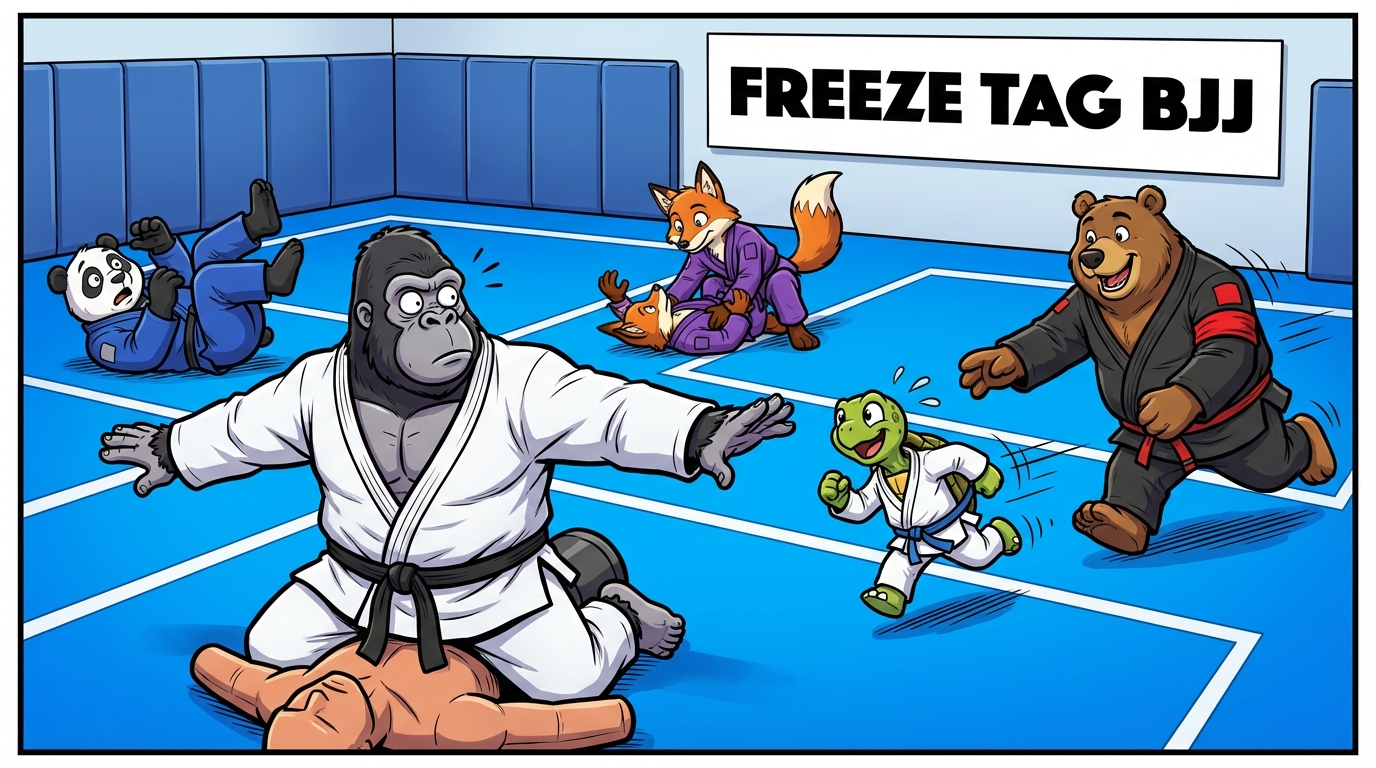 Freeze Tag BJJ BJJ training game showing cartoon athletes practicing positions techniques on training mats