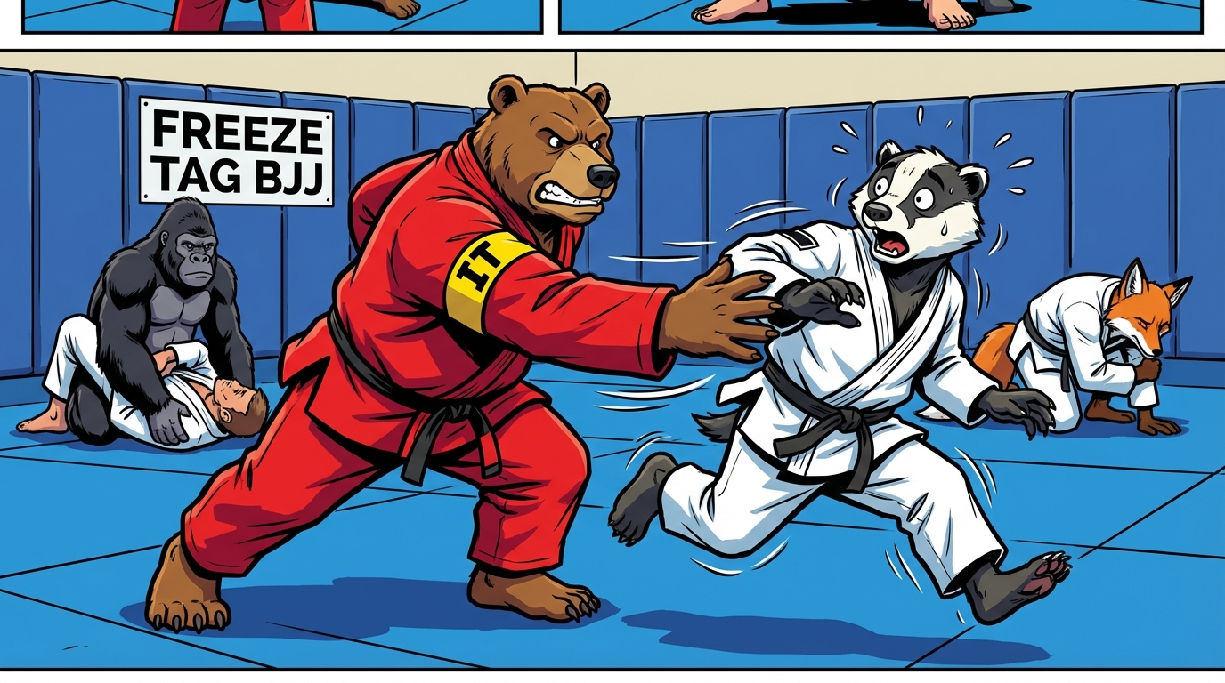 BJJ warmup training drill showing cartoon athletes demonstrating Freeze Tag BJJ techniques in modern gym