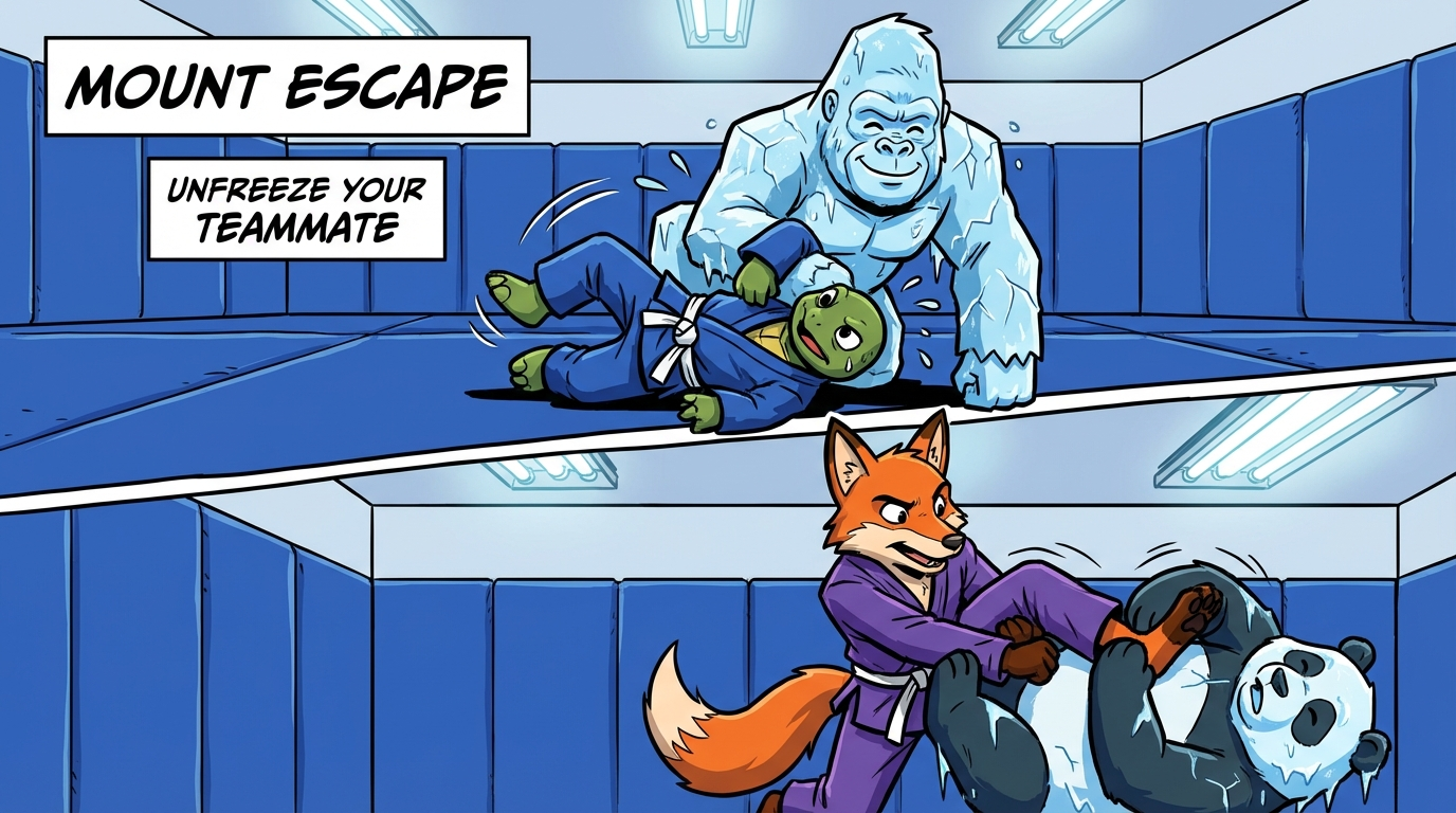 Freeze Tag BJJ variations showing cartoon BJJ athletes demonstrating different approaches and skill levels