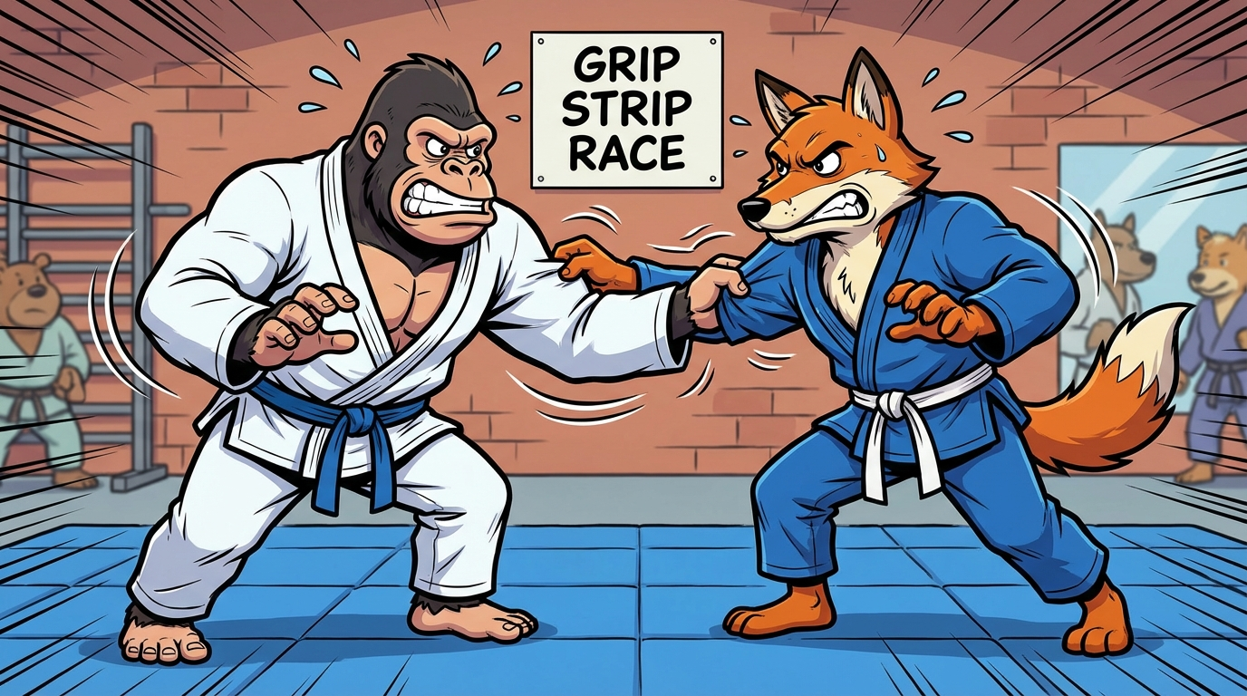 Grip Strip Race BJJ training game showing cartoon athletes practicing grip fighting techniques on training mats