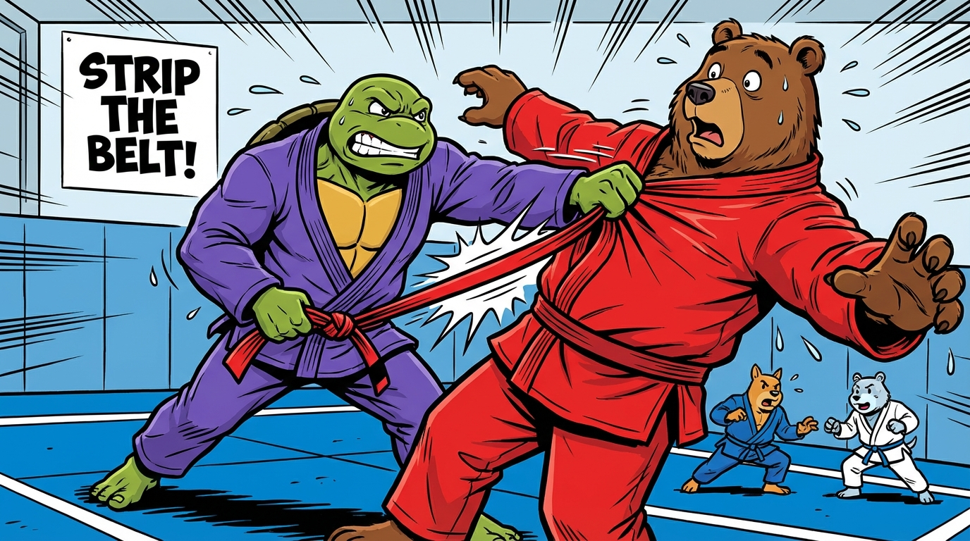 BJJ warmup training drill showing cartoon athletes demonstrating Grip Strip Race techniques in modern gym