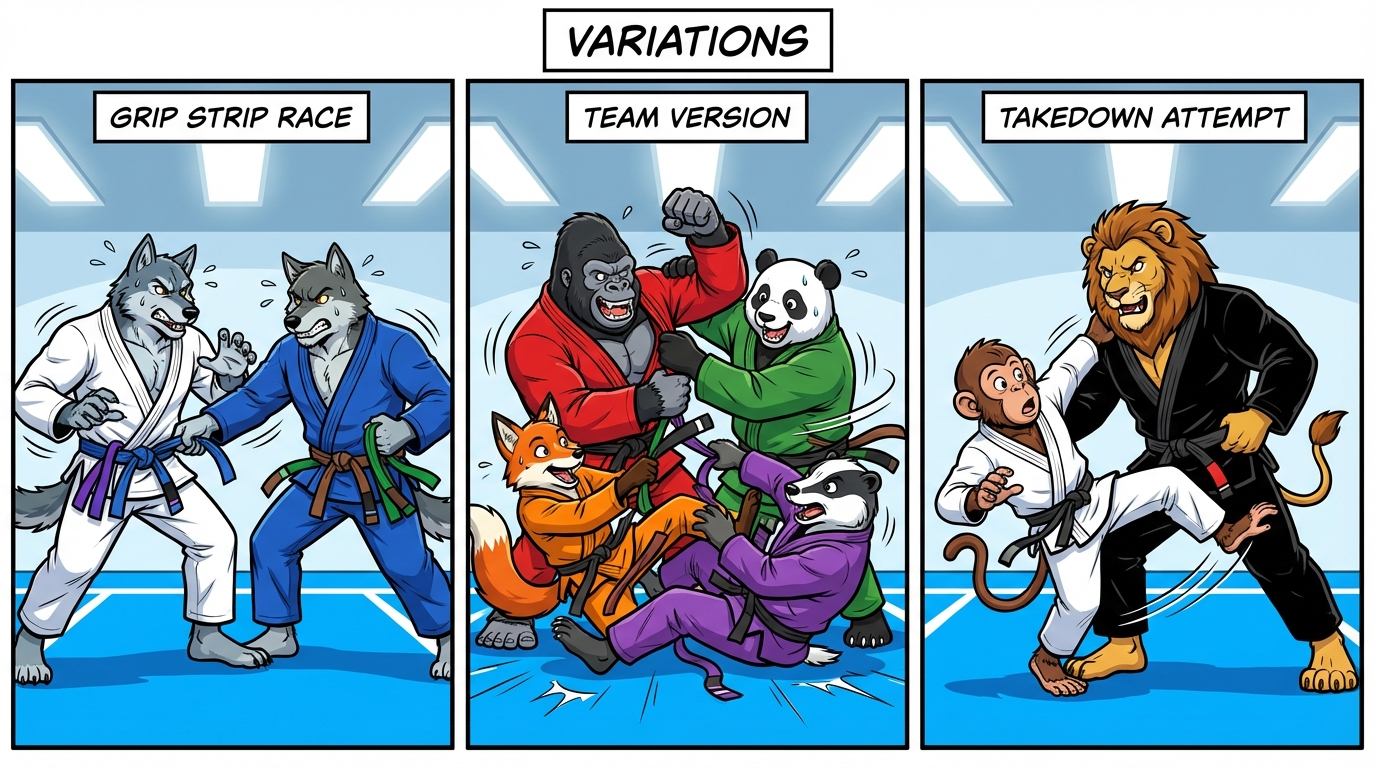 Grip Strip Race variations showing cartoon BJJ athletes demonstrating different approaches and skill levels