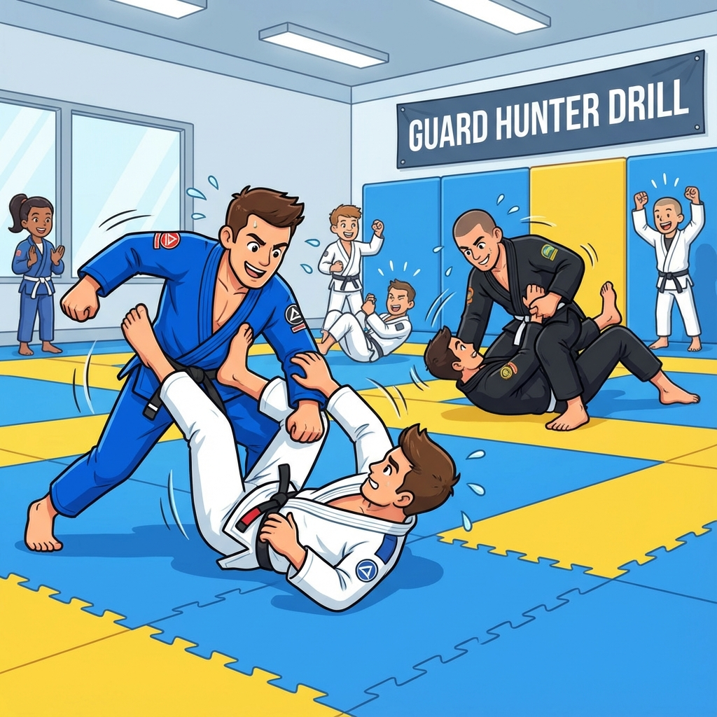 Guard Hunter BJJ training game showing cartoon athletes practicing guard pulling techniques on training mats