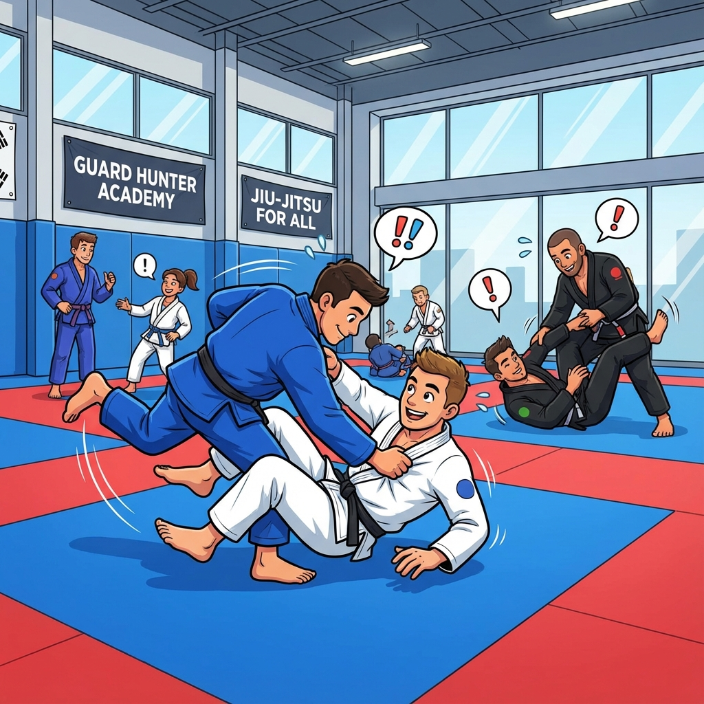 Guard Hunter variations showing cartoon BJJ athletes demonstrating different approaches and skill levels