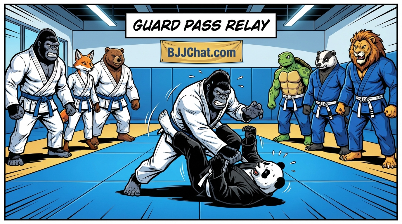 Guard Pass Relay BJJ training game showing cartoon athletes practicing guard passing techniques on training mats