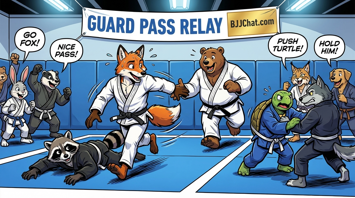 BJJ guard training drill showing cartoon athletes demonstrating Guard Pass Relay techniques in modern gym