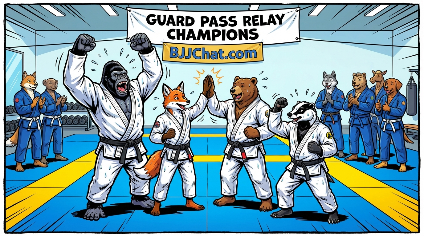 Guard Pass Relay variations showing cartoon BJJ athletes demonstrating different approaches and skill levels