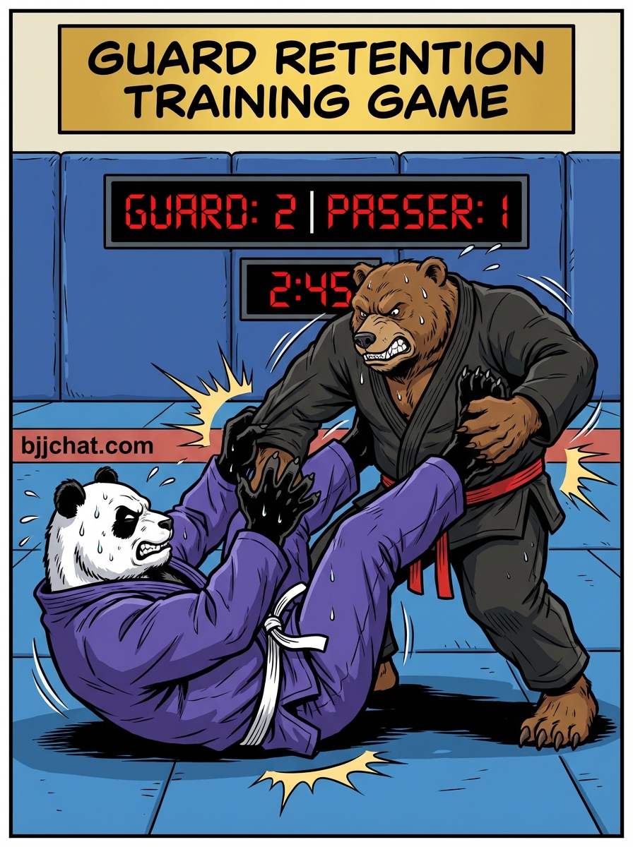 Guard Retention BJJ training game showing two cartoon athletes training guard retention and passing on the mat