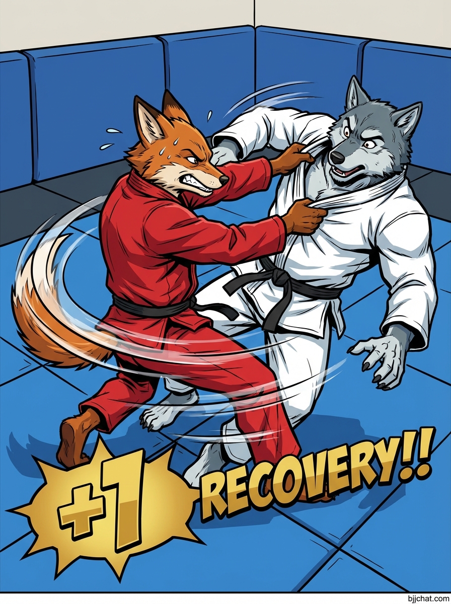 BJJ guard recovery training sequence showing cartoon athlete recovering guard position after passing attempt