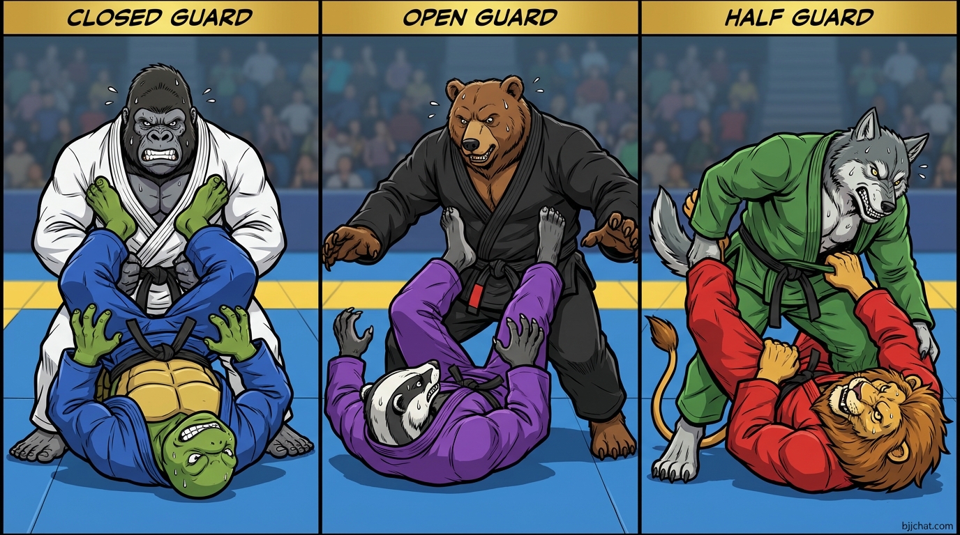 BJJ guard types training showing cartoon athletes demonstrating closed guard, open guard, and half guard positions