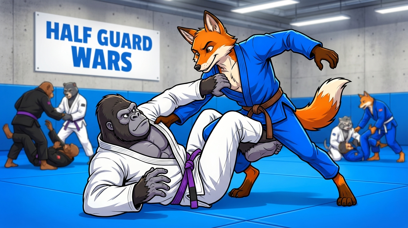 Half Guard Wars BJJ training game showing cartoon athletes practicing half guard techniques on training mats