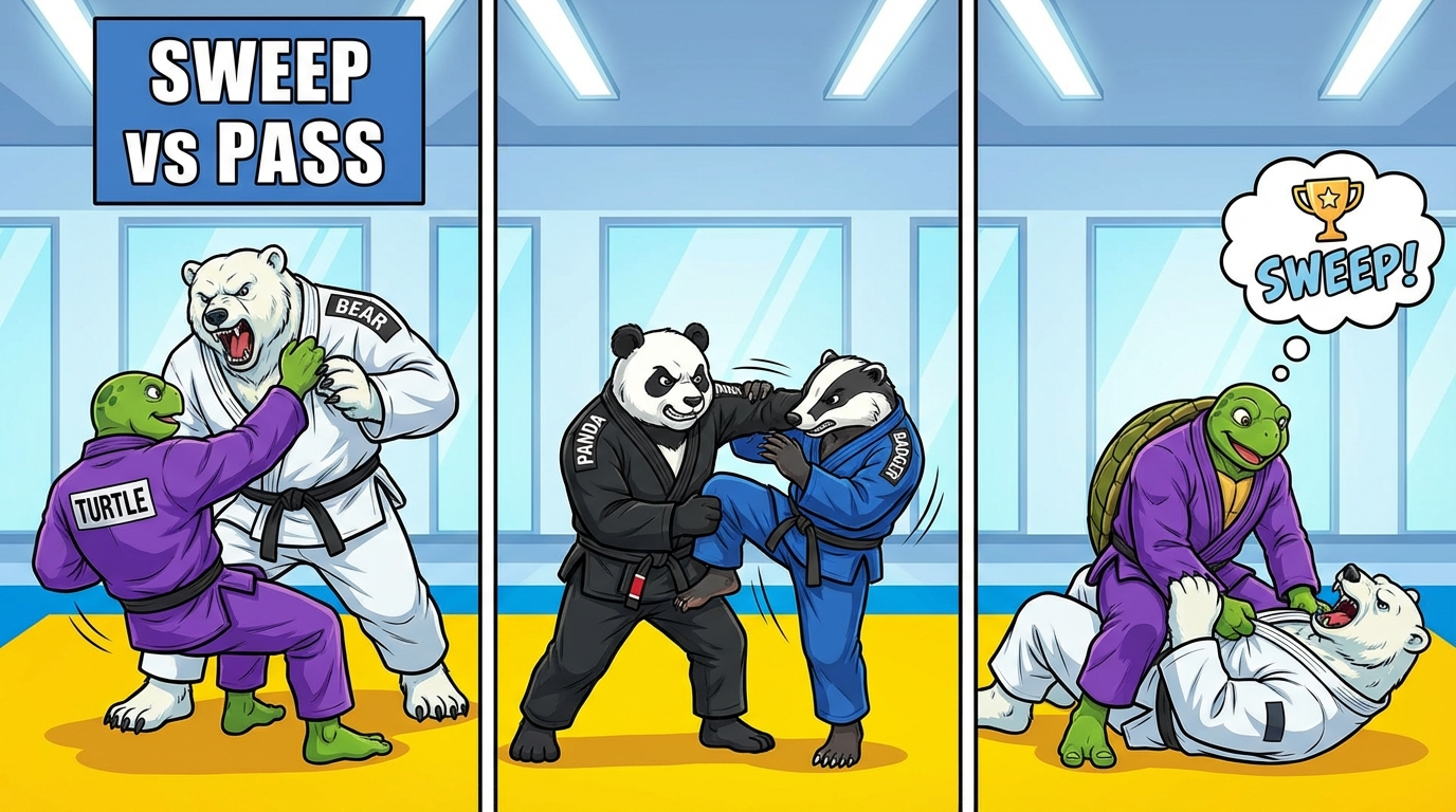 BJJ guard training drill showing cartoon athletes demonstrating Half Guard Wars techniques in modern gym
