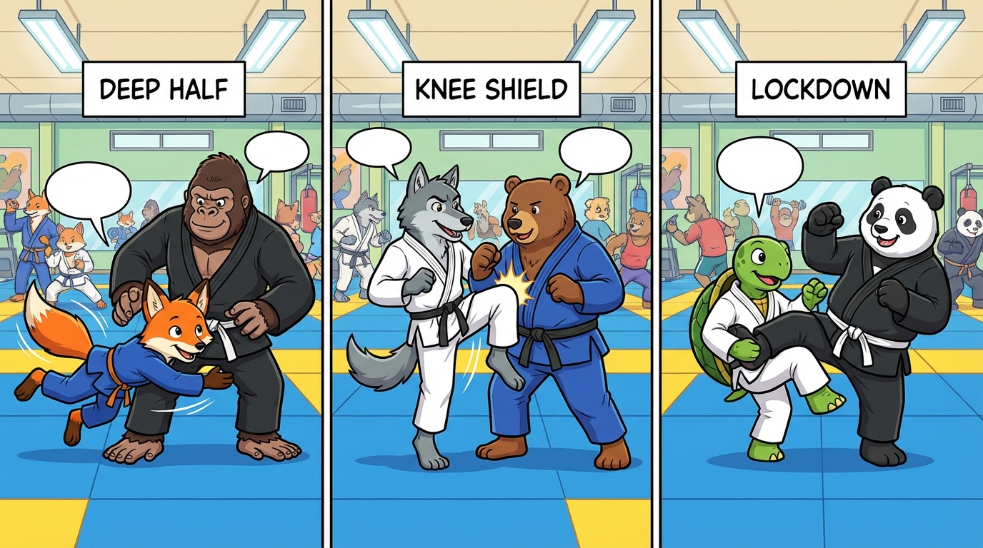 Half Guard Wars variations showing cartoon BJJ athletes demonstrating different approaches and skill levels