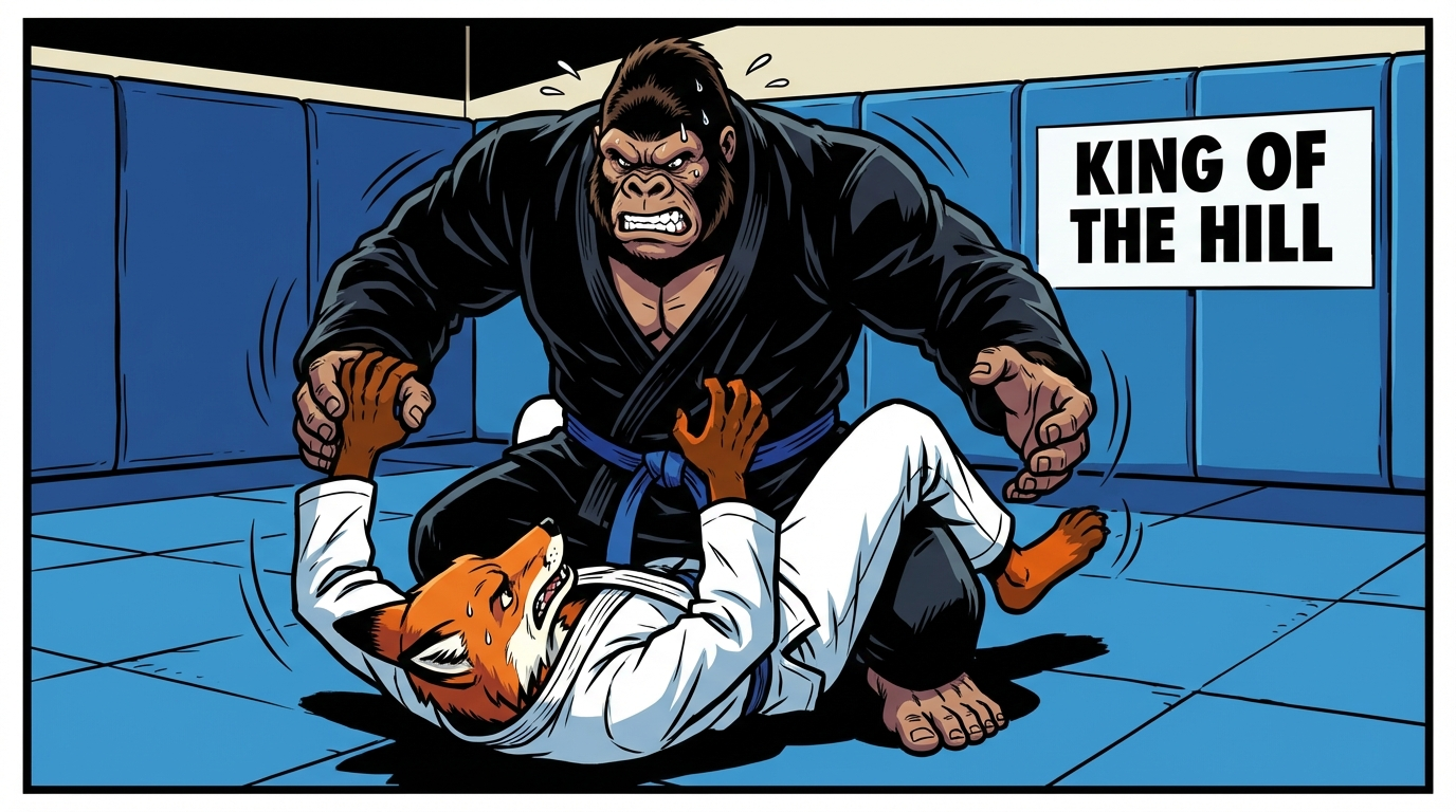 Comic book illustration of King of the Hill BJJ training game setup showing a large gorilla in mount position on the throne while challenger apes and turtles line up for their turn