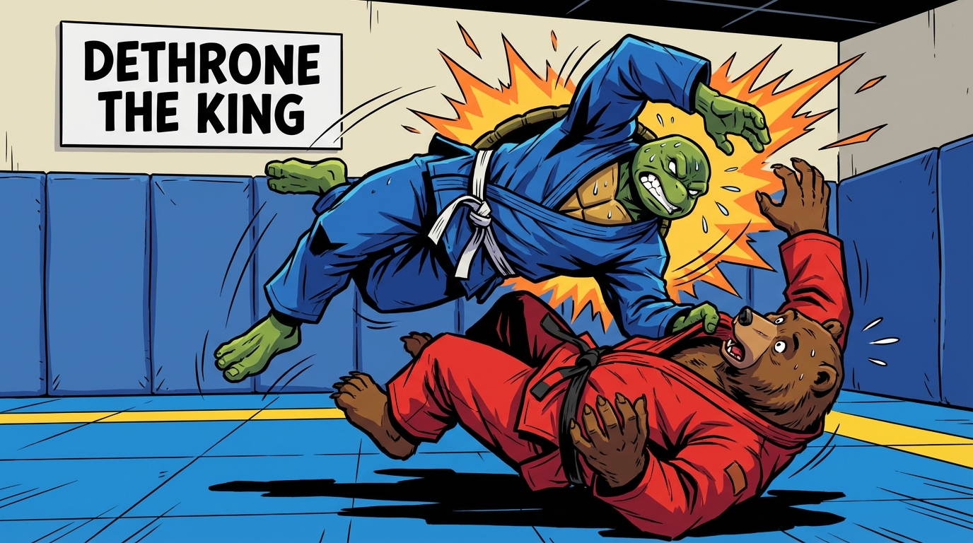 Comic book illustration of King of the Hill in action with a buff turtle escaping mount and dethroning the gorilla king in dynamic BJJ movement