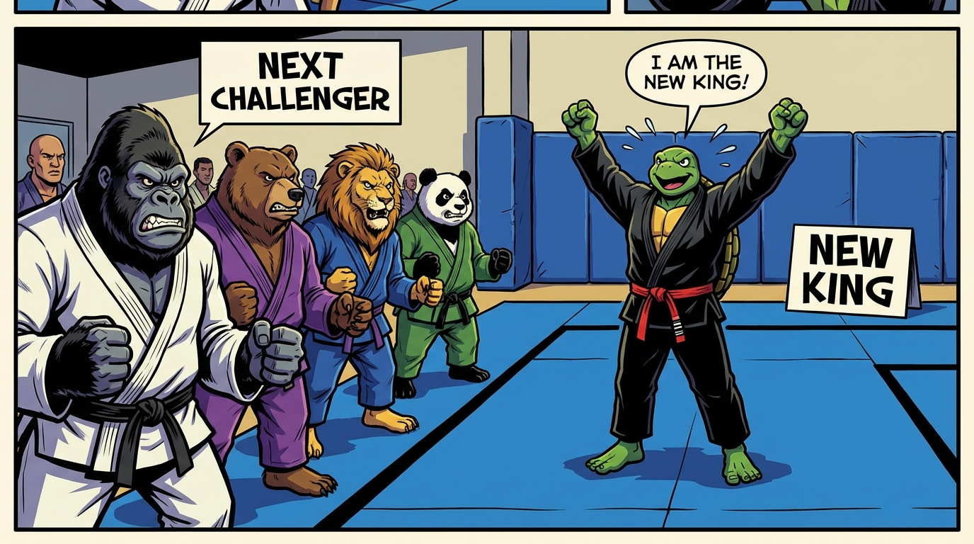 Comic book illustration showing King of the Hill variations with different positions including back control and side control, featuring various animal athletes of different sizes