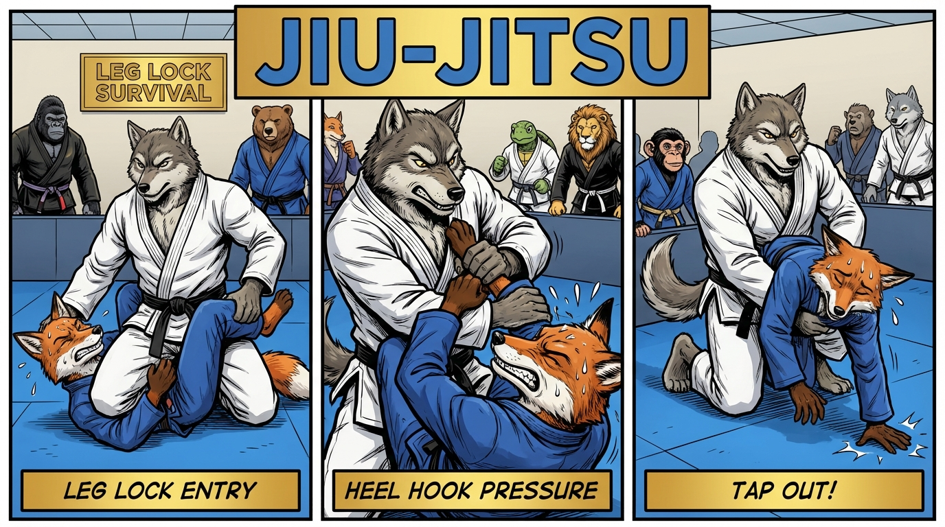 Leg Lock Survival BJJ training game showing cartoon athletes practicing leg locks techniques on training mats