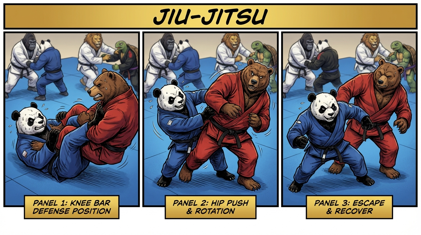 BJJ leg locks training drill showing cartoon athletes demonstrating Leg Lock Survival techniques in modern gym