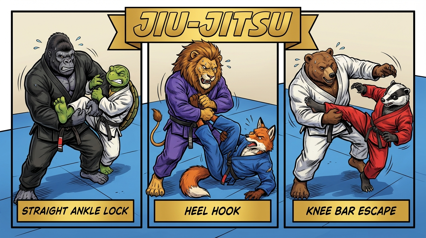 Leg Lock Survival variations showing cartoon BJJ athletes demonstrating different approaches and skill levels