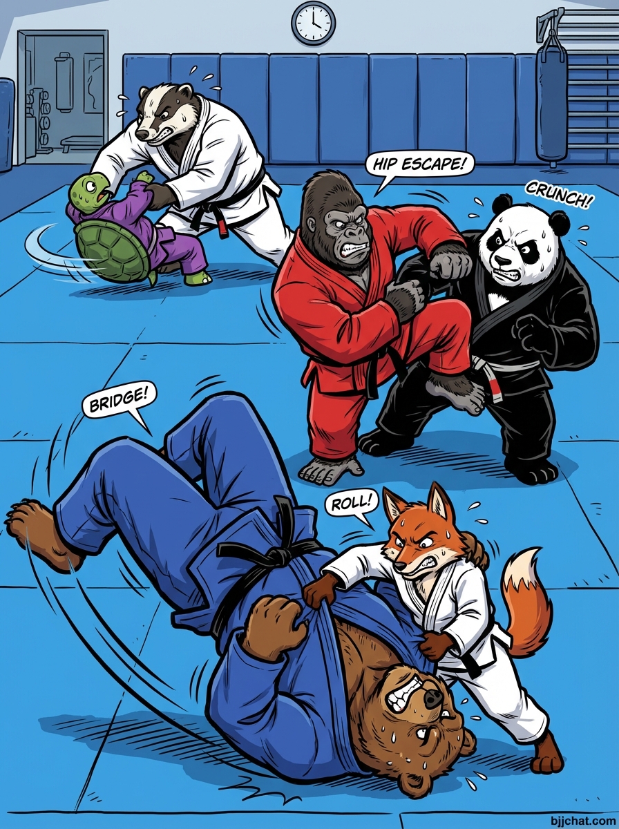 Mount Escape Challenge BJJ training game showing cartoon athletes practicing mount escape techniques on training mats