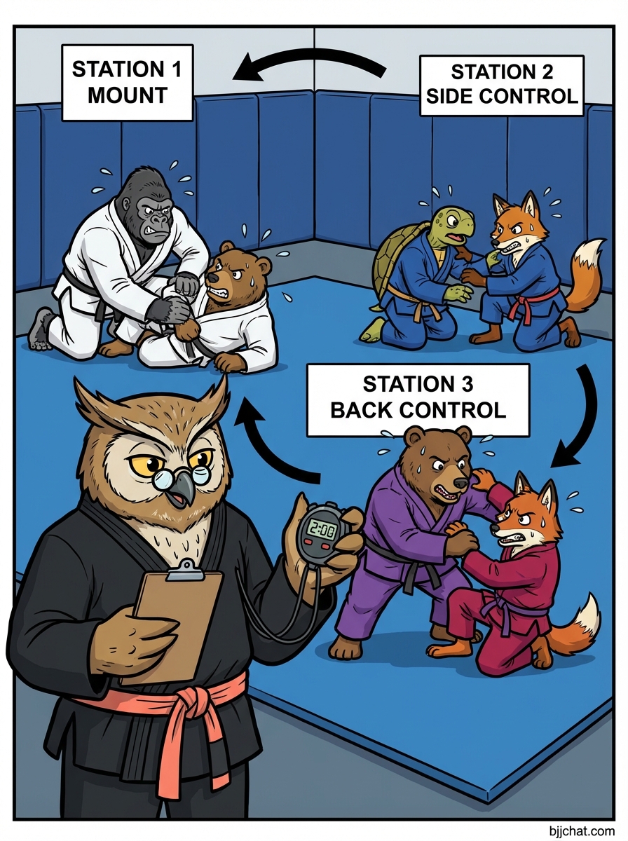 BJJ escapes training drill showing cartoon athletes demonstrating Mount Escape Challenge techniques in modern gym