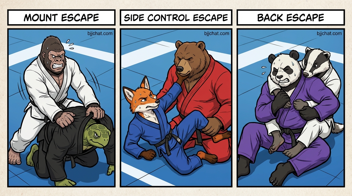 Mount Escape Challenge variations showing cartoon BJJ athletes demonstrating different approaches and skill levels