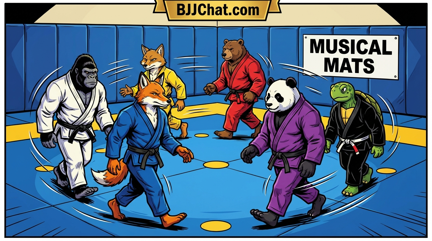 Musical Mats BJJ training game showing cartoon athletes practicing fun techniques on training mats