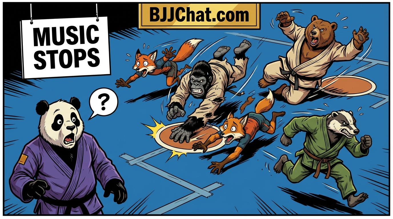 BJJ warmup training drill showing cartoon athletes demonstrating Musical Mats techniques in modern gym