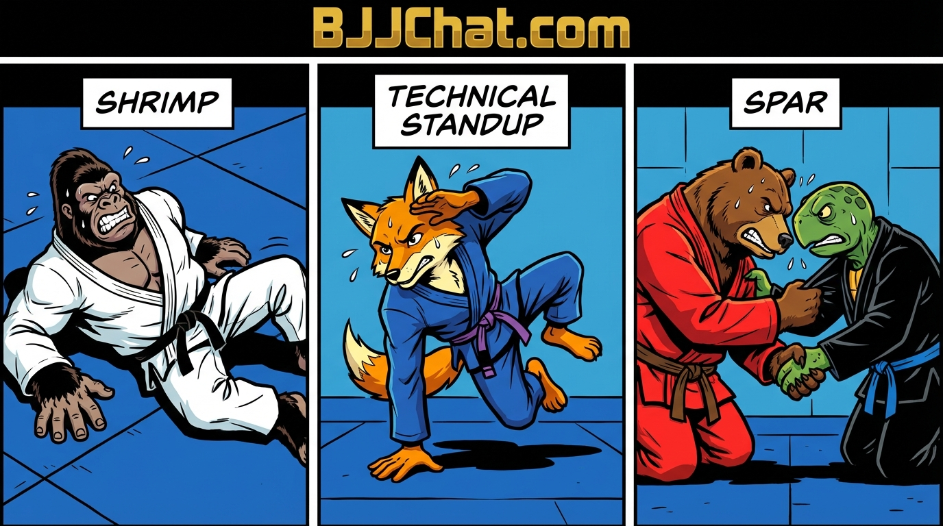 Musical Mats variations showing cartoon BJJ athletes demonstrating different approaches and skill levels