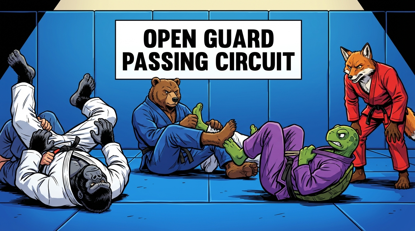 Open Guard Passing Circuit BJJ training game showing cartoon athletes practicing guard passing techniques on training mats