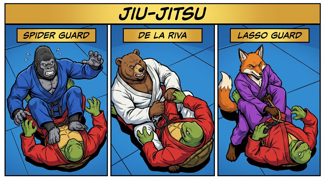 BJJ guard training drill showing cartoon athletes demonstrating Open Guard Passing Circuit techniques in modern gym