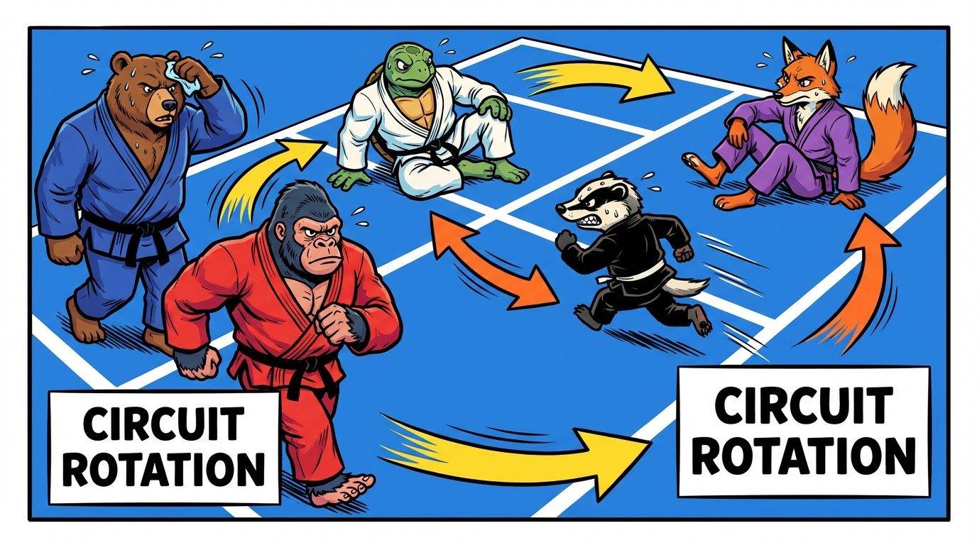 Open Guard Passing Circuit variations showing cartoon BJJ athletes demonstrating different approaches and skill levels