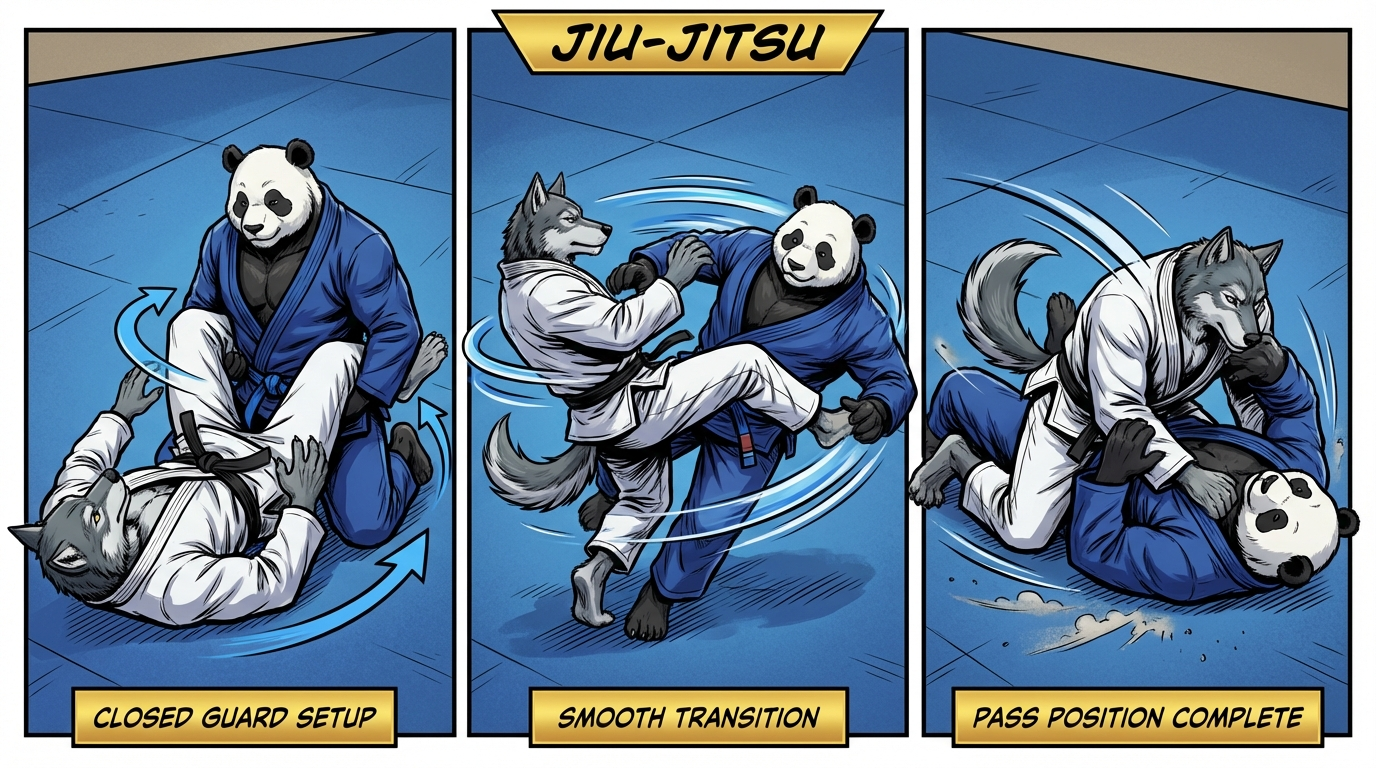 Position Flow BJJ training game showing cartoon athletes practicing transitions techniques on training mats