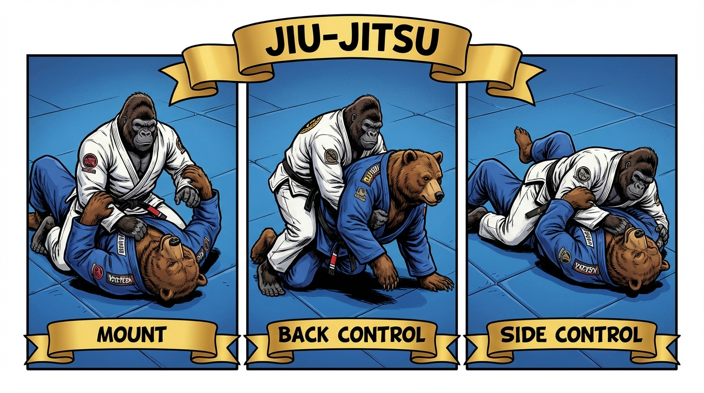 BJJ warmup training drill showing cartoon athletes demonstrating Position Flow techniques in modern gym