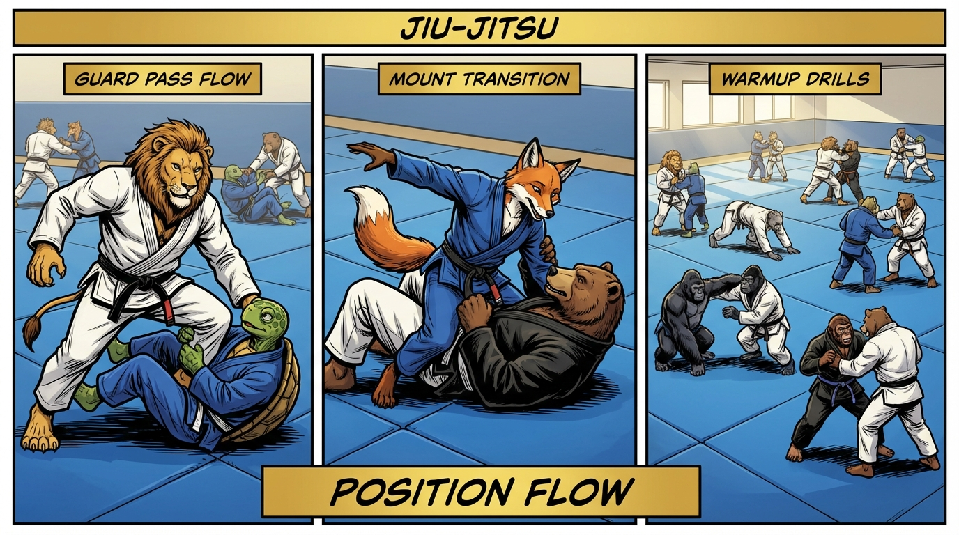 Position Flow variations showing cartoon BJJ athletes demonstrating different approaches and skill levels